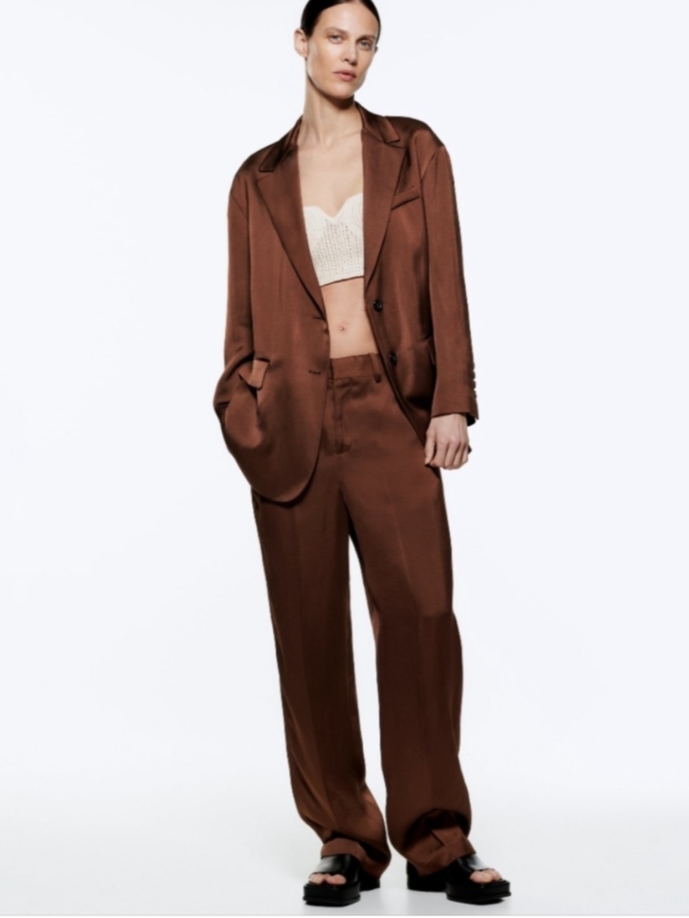 Zara Chocolate Brown Satin Effect Straight Leg Pants